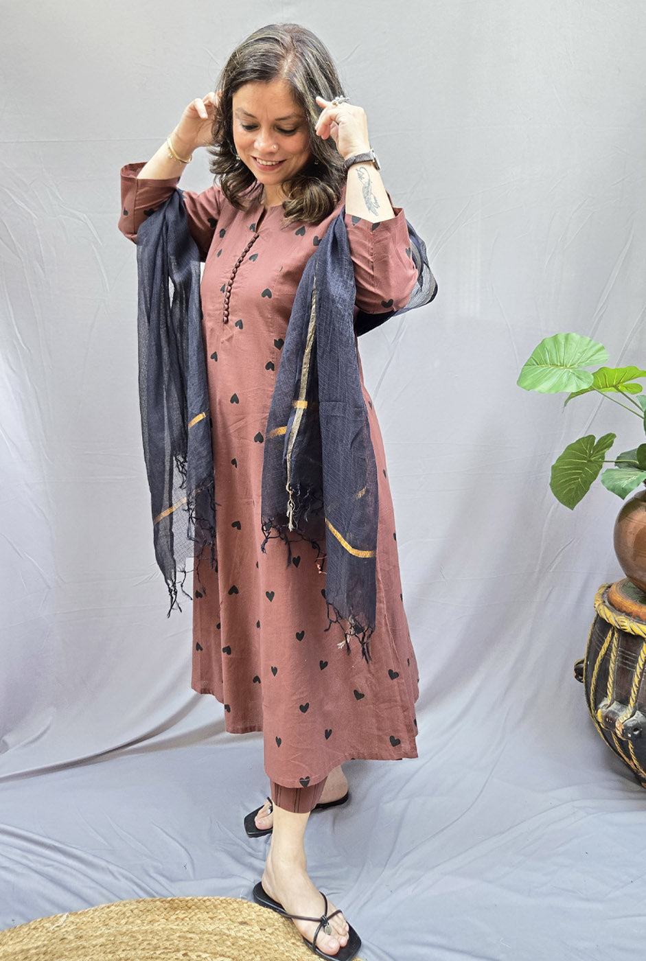Set of 2 Brown Heart Kurta Pant Set
