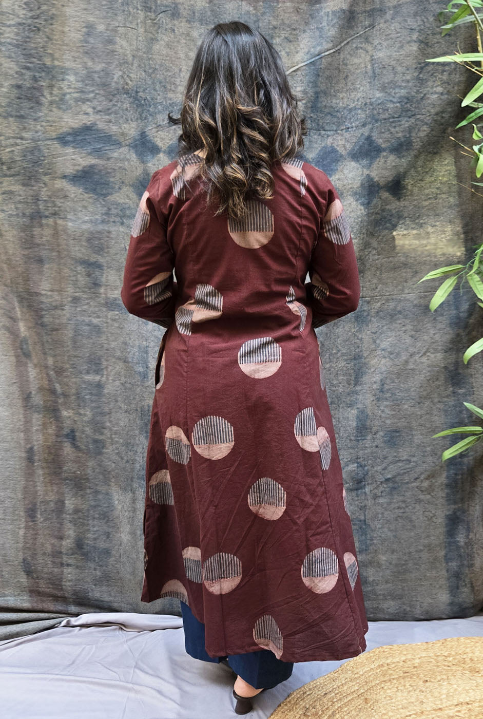 Burgundy Bindu Cotton Ajrakh A-Line Kurta