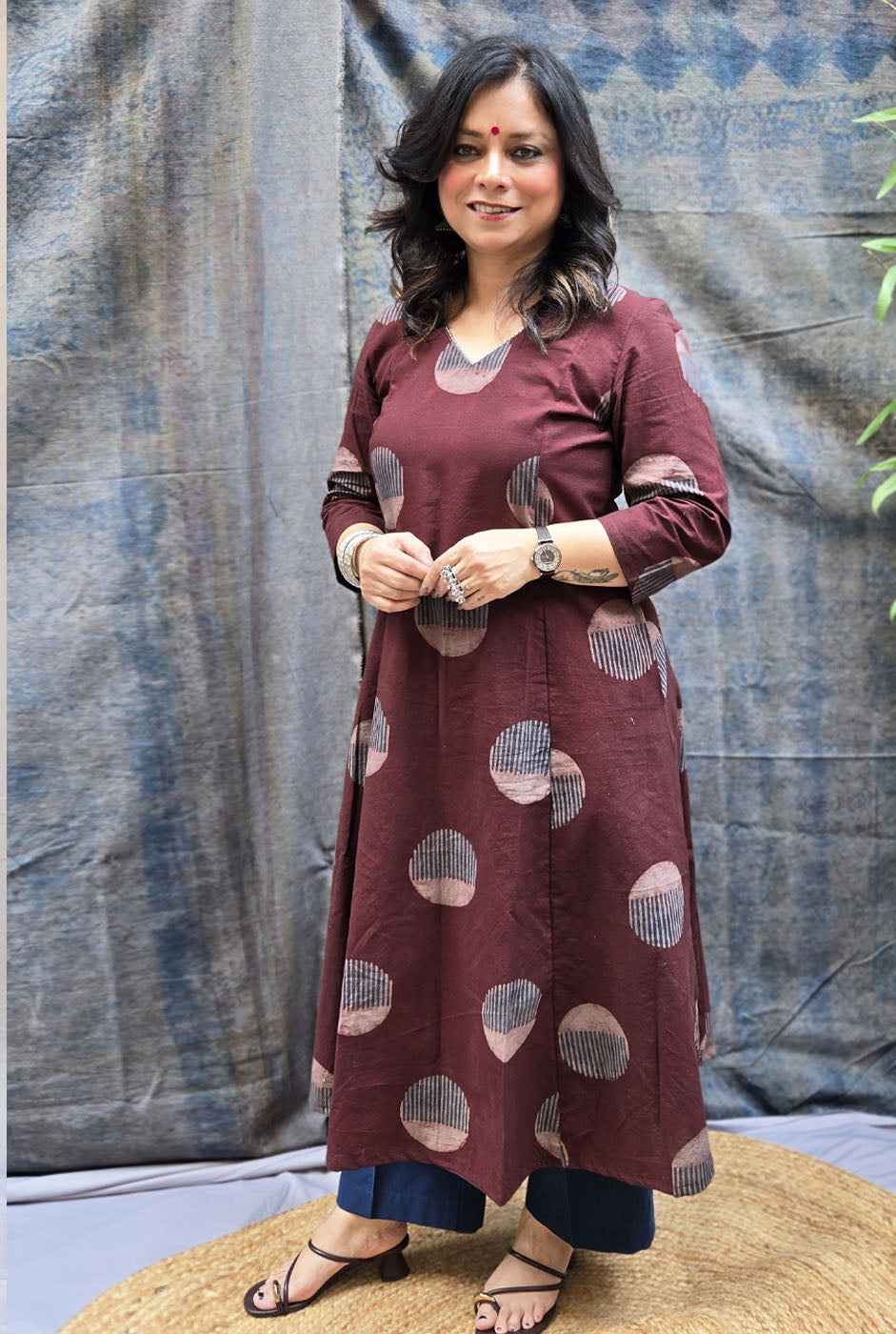 Burgundy Bindu Cotton Ajrakh A-Line Kurta
