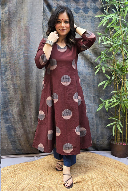 Burgundy Bindu Cotton Ajrakh A-Line Kurta