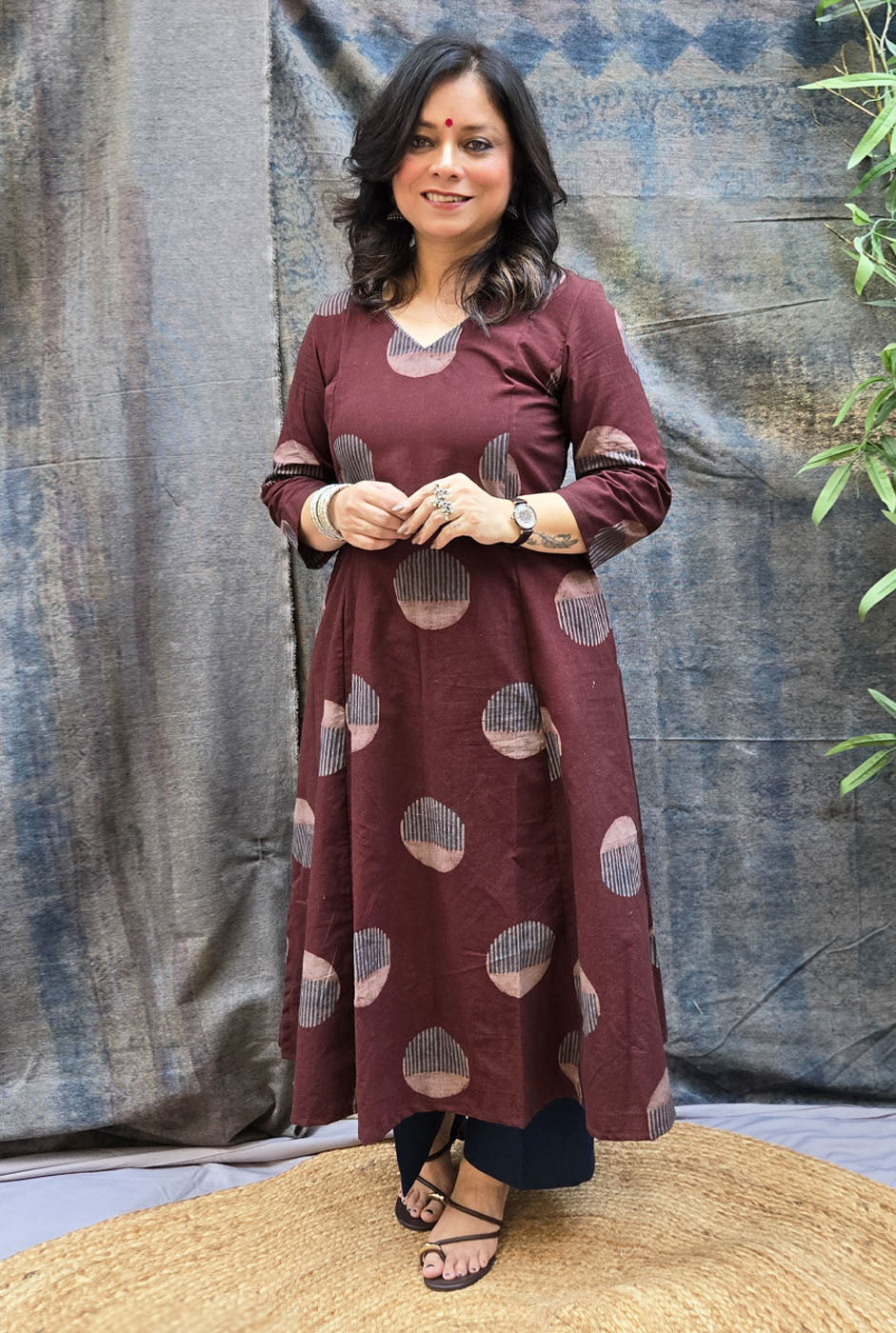 Burgundy Bindu Cotton Ajrakh A-Line Kurta
