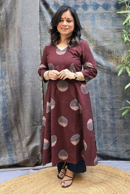 Burgundy Bindu Cotton Ajrakh A-Line Kurta