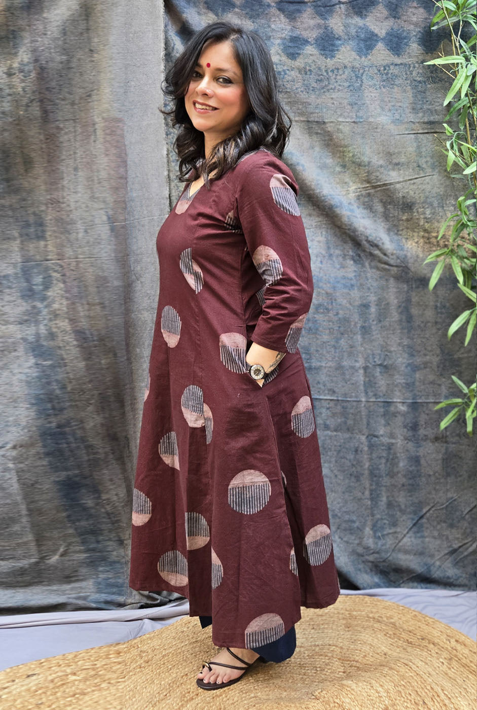 Burgundy Bindu Cotton Ajrakh A-Line Kurta