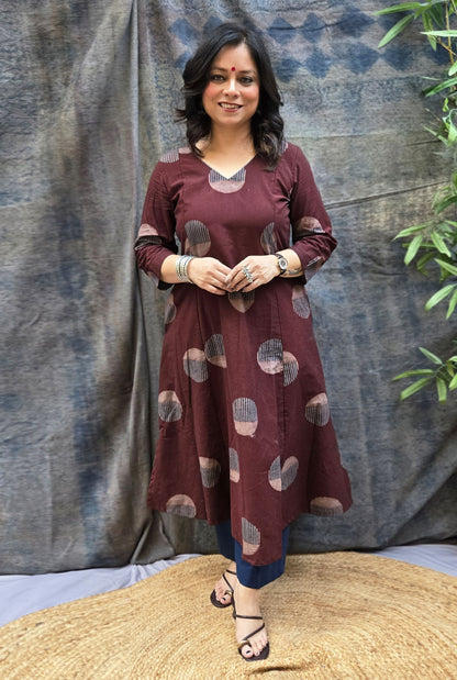 Burgundy Bindu Cotton Ajrakh A-Line Kurta
