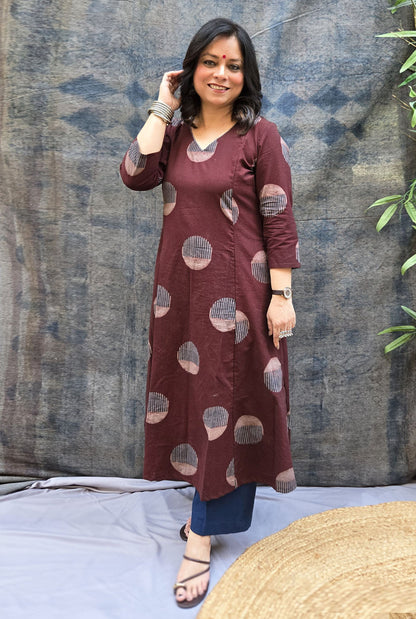 Burgundy Bindu Cotton Ajrakh A-Line Kurta