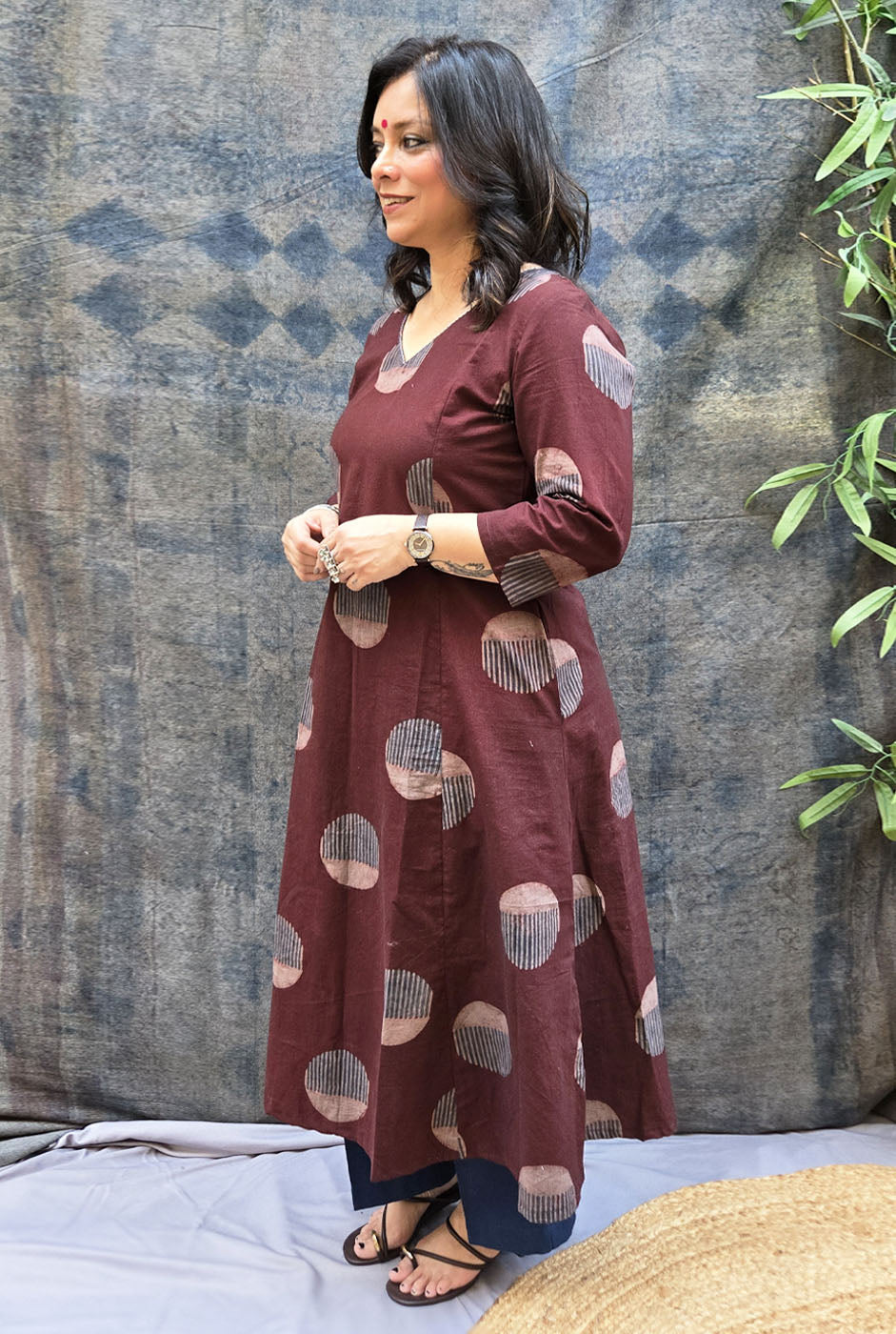 Burgundy Bindu Cotton Ajrakh A-Line Kurta