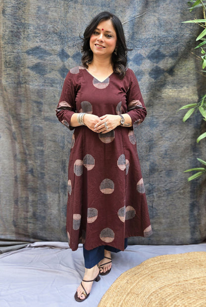 Burgundy Bindu Cotton Ajrakh A-Line Kurta