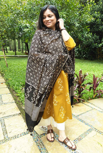 Dragonfly Handblock Ajrakh Black Dupatta