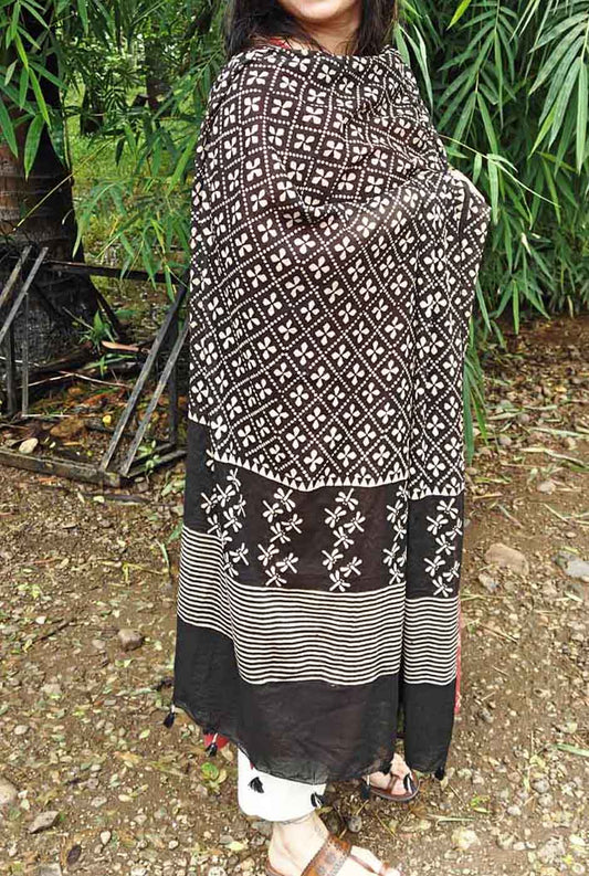 Dragonfly Handblock Ajrakh Black Dupatta