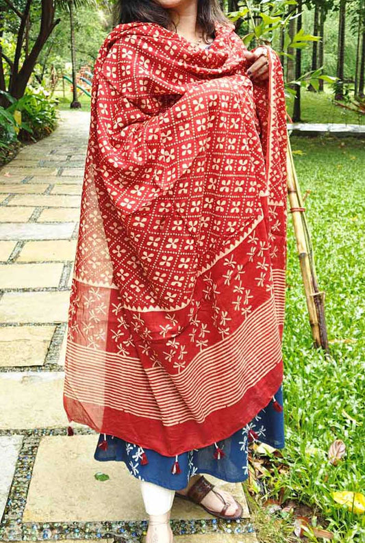 Dragonfly Handblock Ajrakh Maroon Dupatta