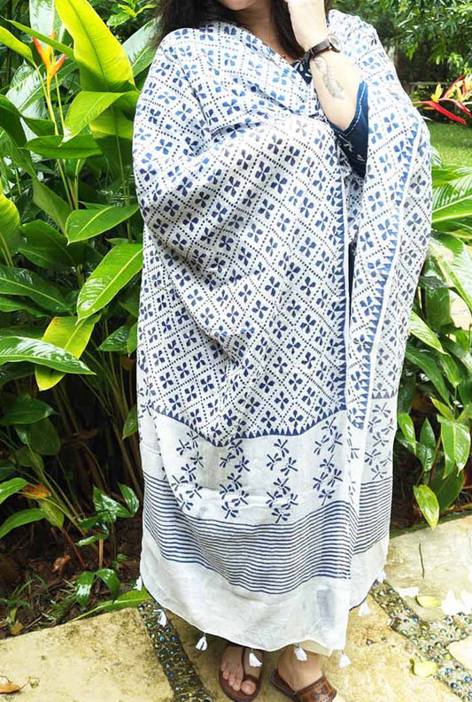 Dragonfly Handblock Ajrakh White Dupatta