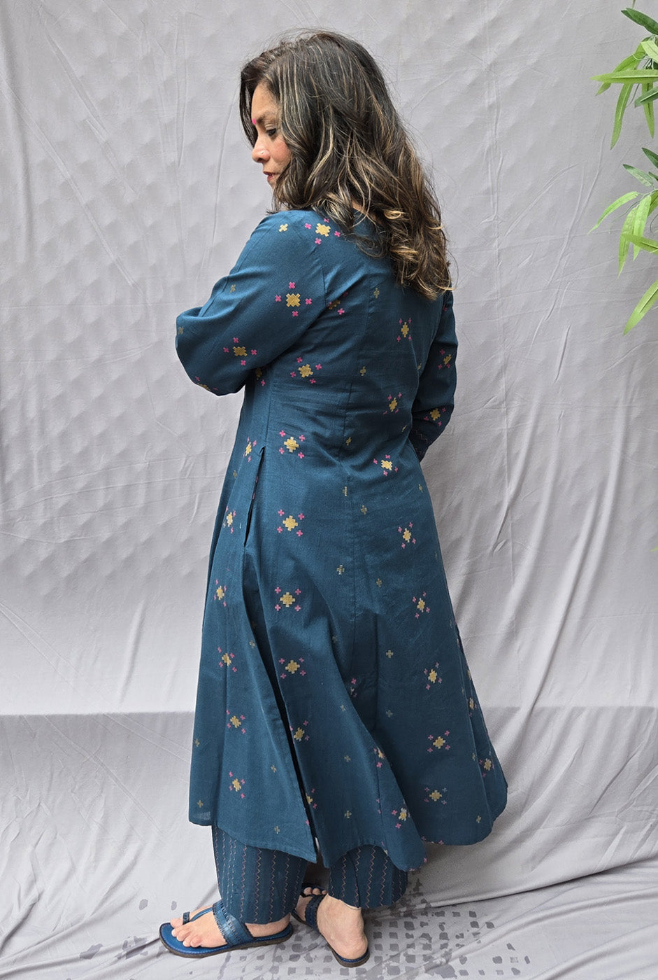 Nirvi Teal Blue Cotton A-Line Kalidar Kurta