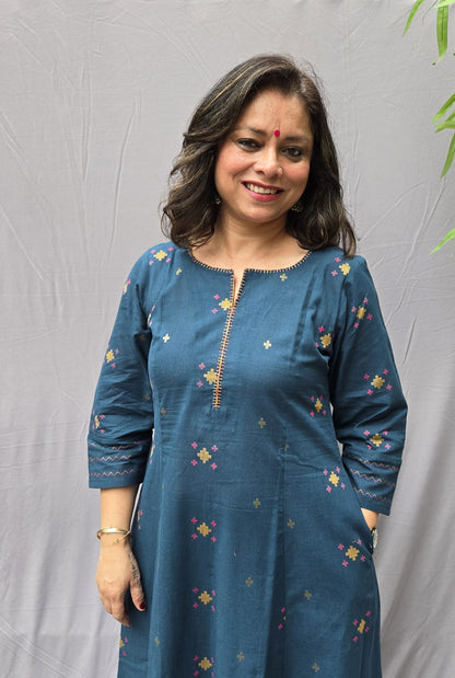 Nirvi Teal Blue Cotton A-Line Kalidar Kurta