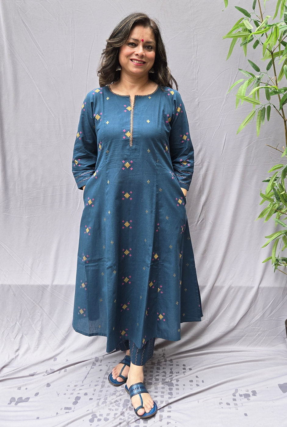 Nirvi Teal Blue Cotton A-Line Kalidar Kurta