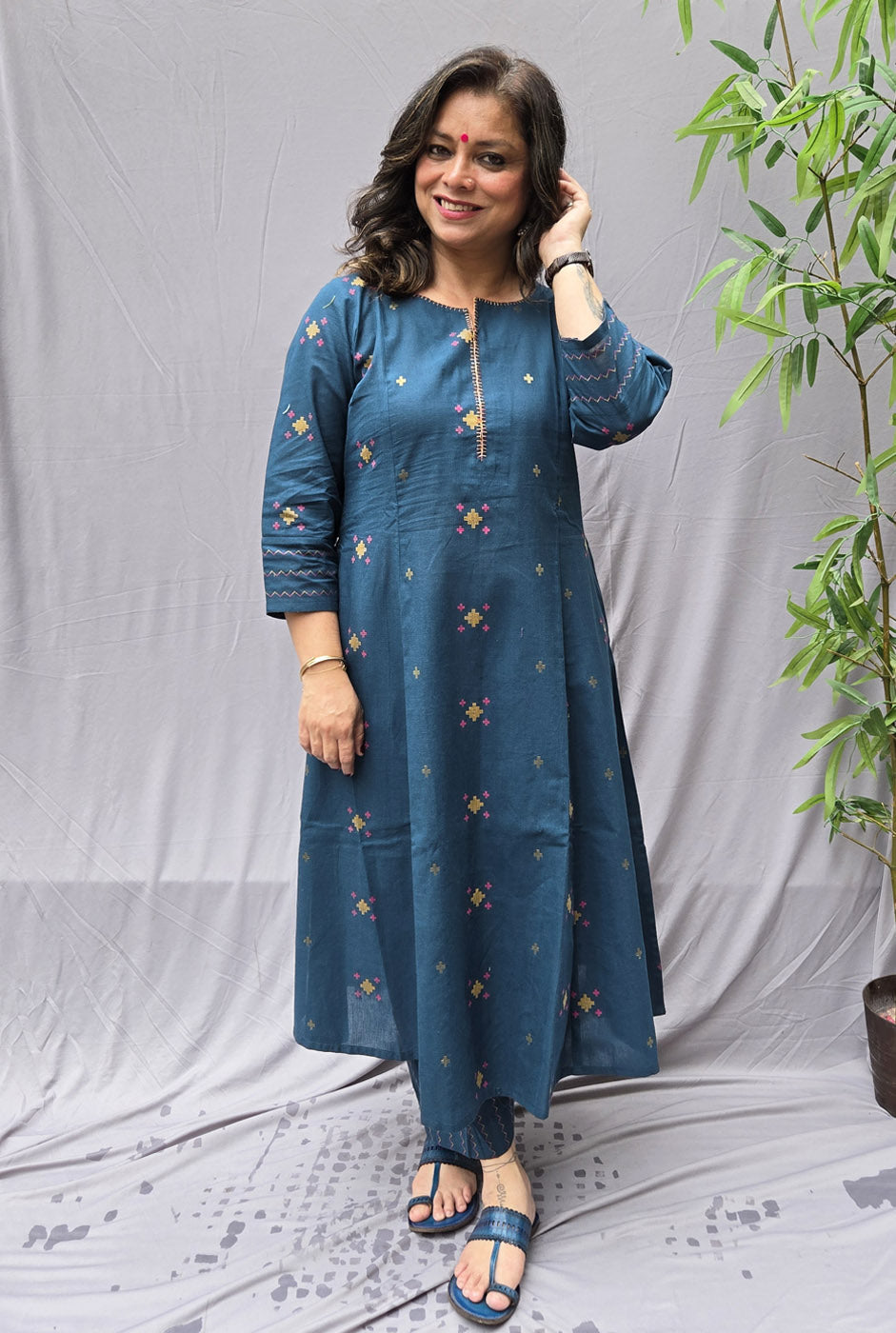 Nirvi Teal Blue Cotton A-Line Kalidar Kurta