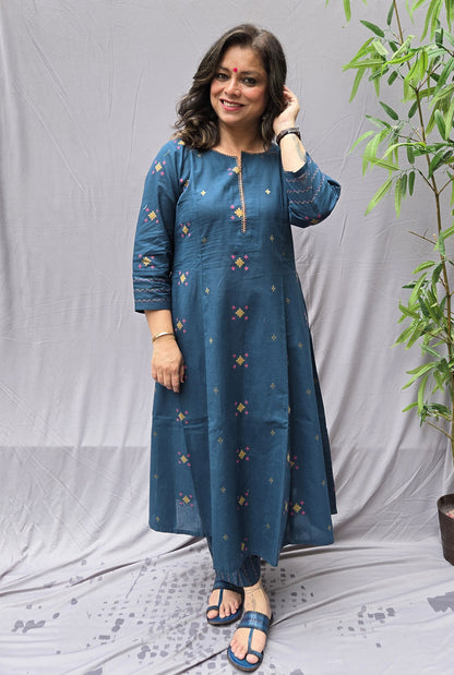Nirvi Teal Blue Cotton A-Line Kalidar Kurta