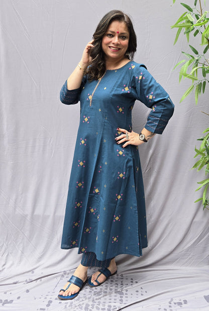 Nirvi Teal Blue Cotton A-Line Kalidar Kurta