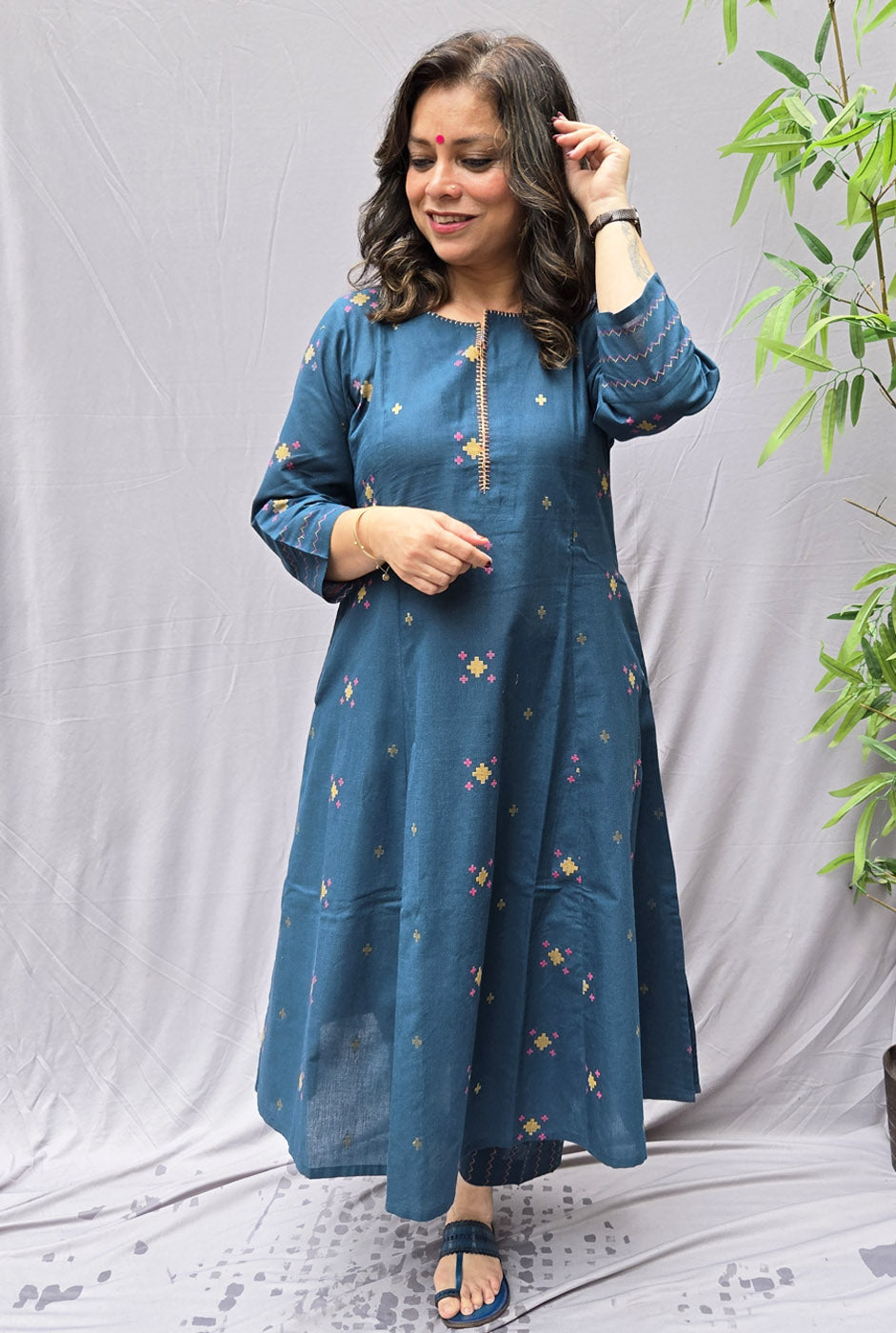 Nirvi Teal Blue Cotton A-Line Kalidar Kurta