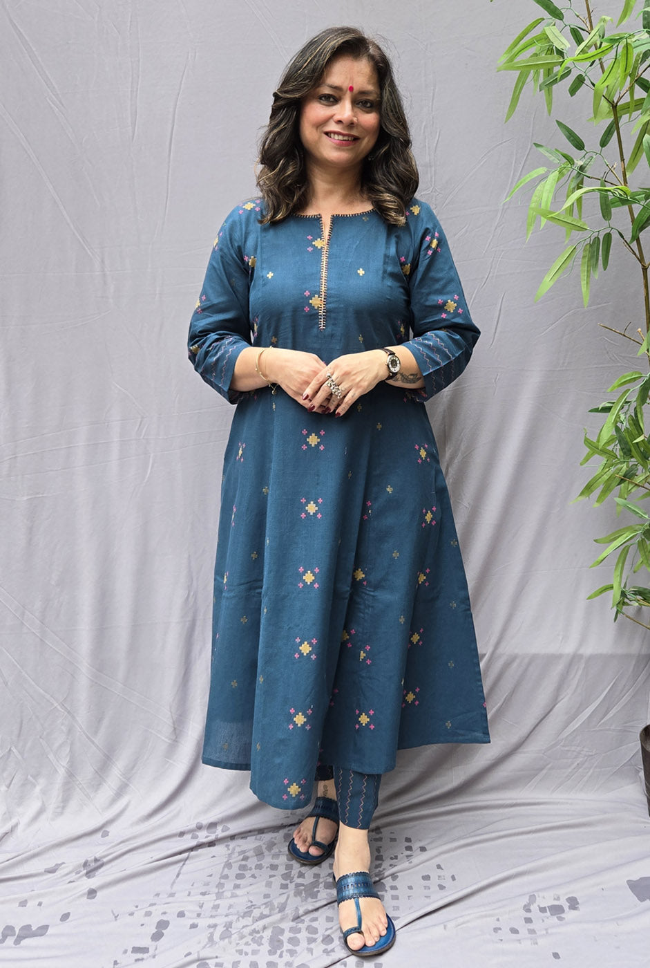 Nirvi Teal Blue Cotton A-Line Kalidar Kurta