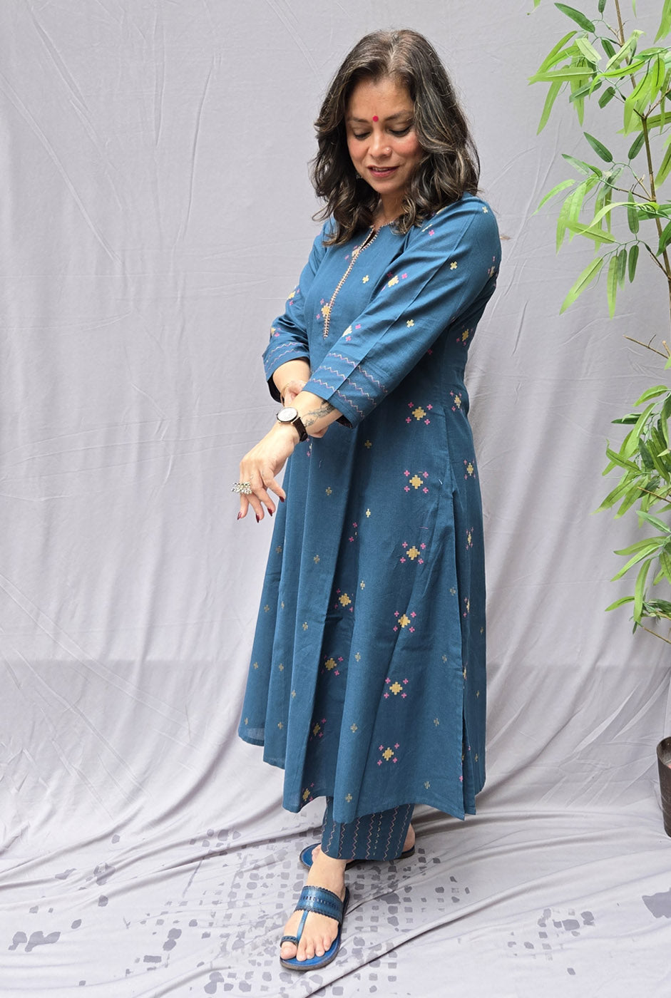 Nirvi Teal Blue Cotton A-Line Kalidar Kurta