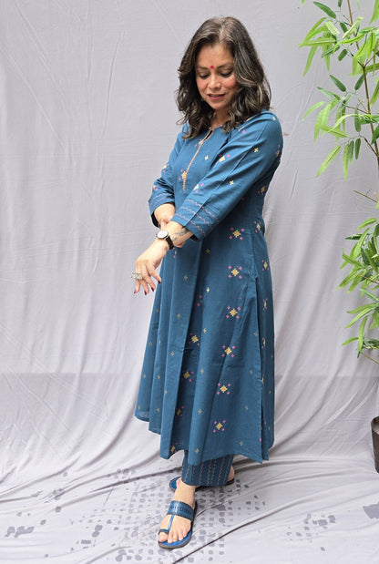 Nirvi Teal Blue Cotton A-Line Kalidar Kurta