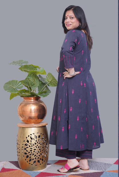 Nazakat Blue Handloom Cotton Kalidar A-Line Co-Ord Set with Pink Buta