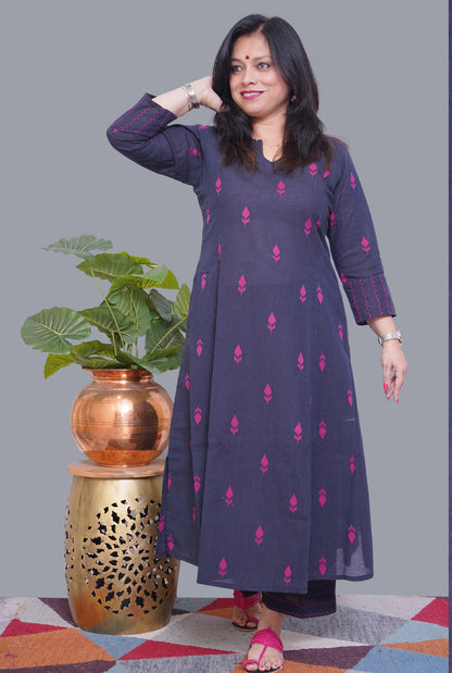 Nazakat Blue Handloom Cotton Kalidar A-Line Co-Ord Set with Pink Buta