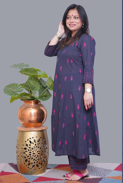 Nazakat Blue Handloom Cotton Kalidar A-Line Co-Ord Set with Pink Buta