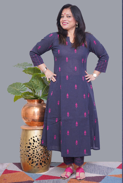 Nazakat Blue Handloom Cotton Kalidar A-Line Co-Ord Set with Pink Buta