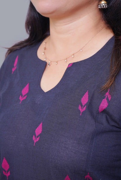 Nazakat Blue Handloom Cotton Kalidar A-Line Co-Ord Set with Pink Buta