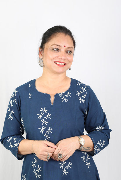 Alahi Blue Ajrakh A-Line Kalidar Kurta with Dragonfly Block