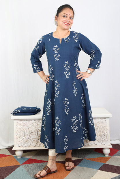Alahi Blue Ajrakh A-Line Kalidar Kurta with Dragonfly Block