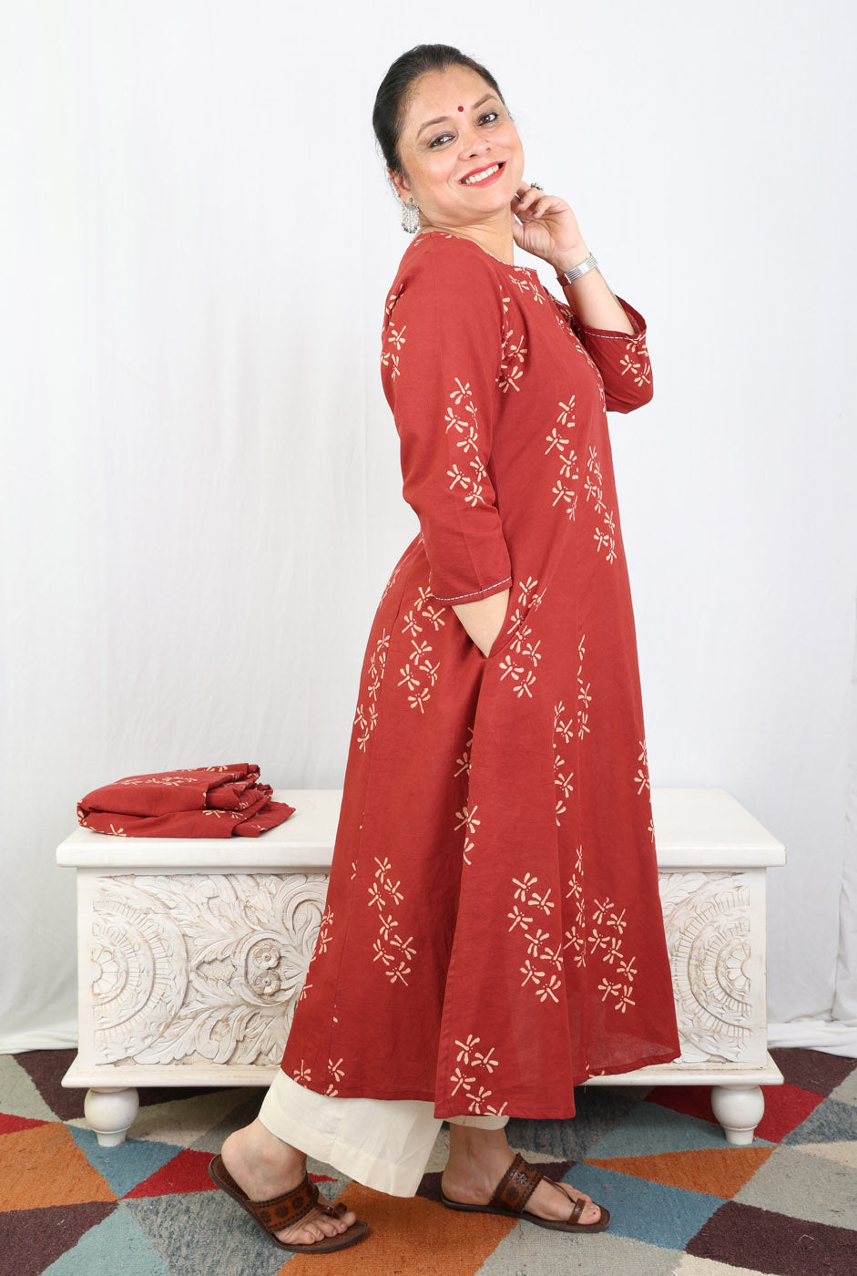 Alahi Maroon Ajrakh A-Line Kalidar Kurta with Dragonfly Block & Hand Kantha Work