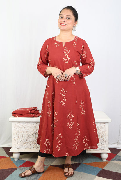 Alahi Maroon Ajrakh A-Line Kalidar Kurta with Dragonfly Block & Hand Kantha Work