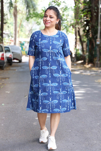 Dragonfly Print Dress with Soft Mul Lining