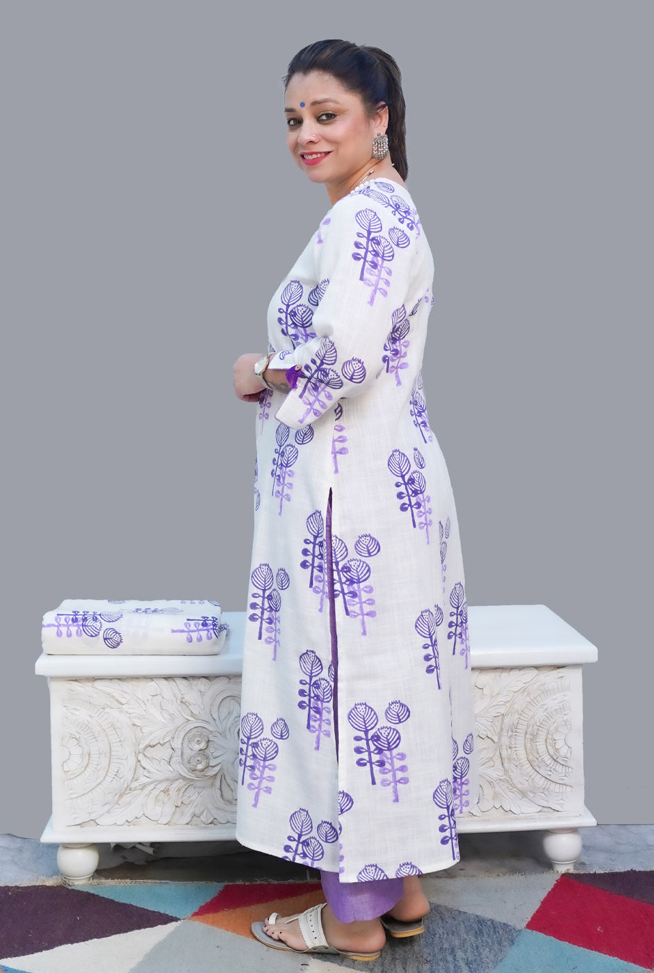 Gulmohar Exclusive Hand Block Slub Cotton Kurti Purple