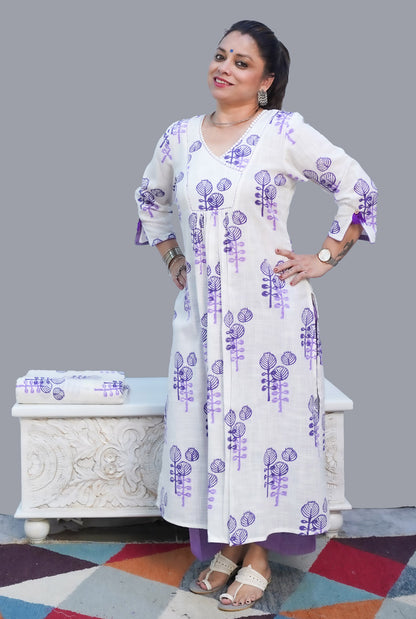 Gulmohar Exclusive Hand Block Slub Cotton Kurti Purple