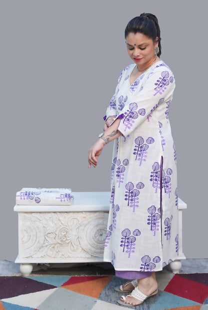 Gulmohar Exclusive Hand Block Slub Cotton Kurti Purple