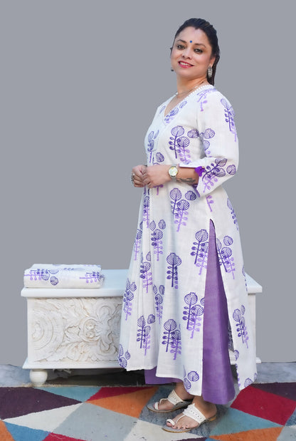 Gulmohar Exclusive Hand Block Slub Cotton Kurti Purple