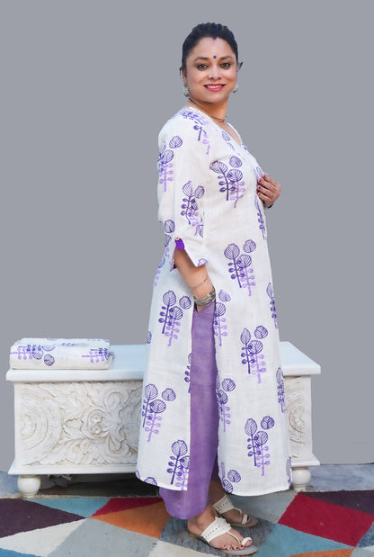 Gulmohar Exclusive Hand Block Slub Cotton Kurti Purple