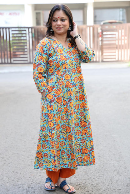 Multicolor Floral Hand Blocked Cotton Kurta