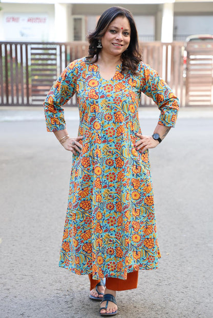 Multicolor Floral Hand Blocked Cotton Kurta