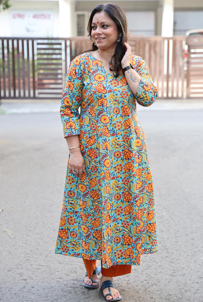 Multicolor Floral Hand Blocked Cotton Kurta