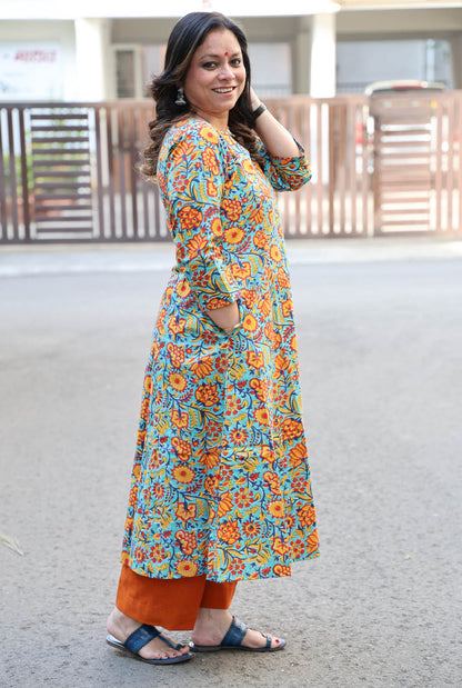 Multicolor Floral Hand Blocked Cotton Kurta