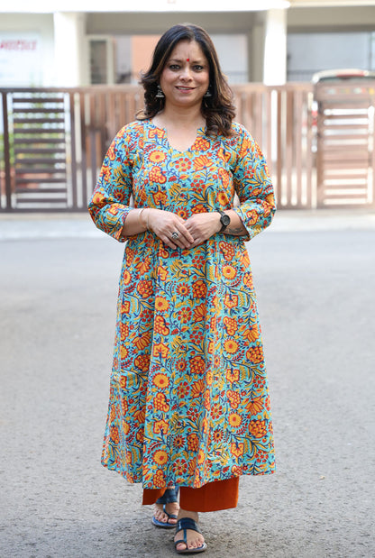 Multicolor Floral Hand Blocked Cotton Kurta