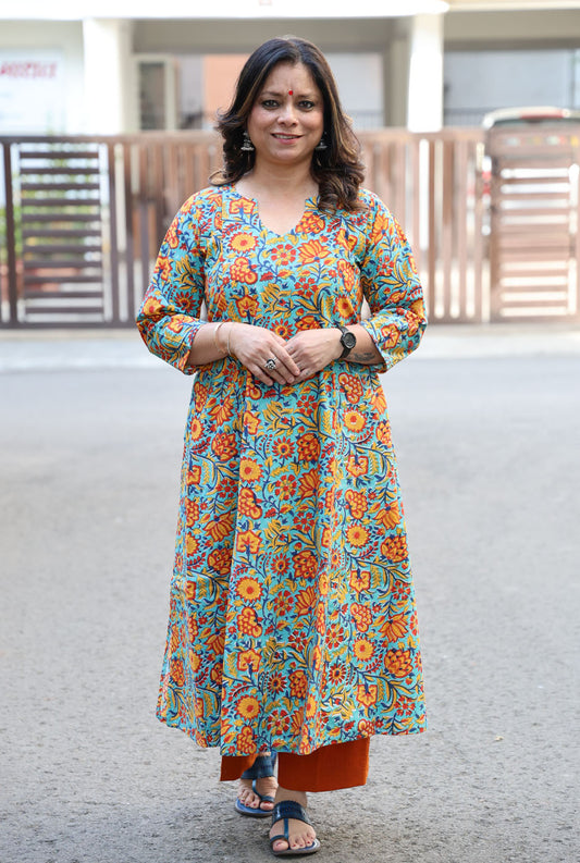 Multicolor Floral Hand Blocked Cotton Kurta