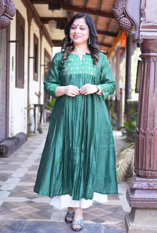 Virasat Mul Chanderi Green Kurta with Ikat Yoke & Sleeve Detailing