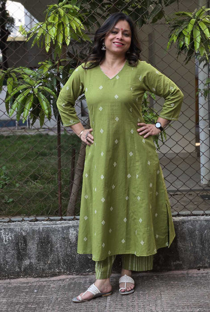 Nazakat Green Handloom Cotton Co-Ord Set