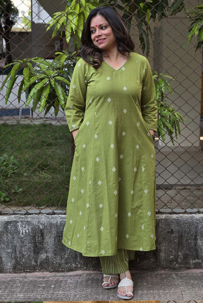 Nazakat Green Handloom Cotton Co-Ord Set