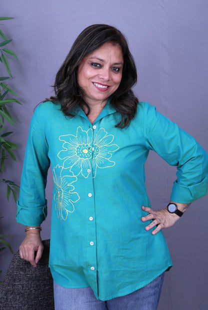 Phool Blue Embroidered Cotton Shirt